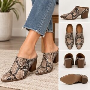 Dolcetta Rory Snakeskin Print Mules boots 8M Pointed Toe Block Heel Brown Tan